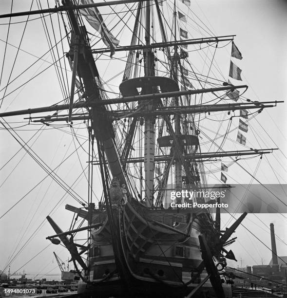 The Royal Navy first-rate ship of the line HMS Victory, used by Lord Nelson as his flagship at the Battle of Trafalgar, located in a dry dock at...