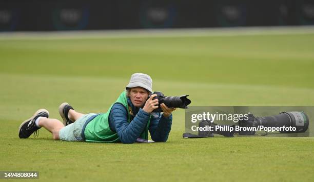 Gareth Copley, a staff photographer with Getty Images looks on during an England training session at Lord's Cricket Ground on May 31, 2023 in London,...