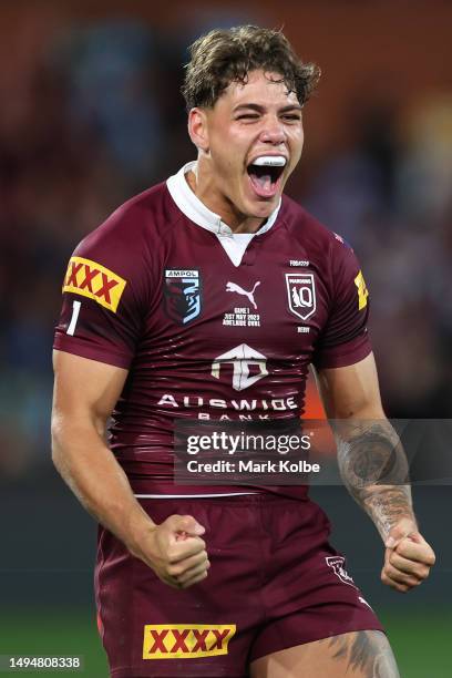 Reece Walsh of the Maroons celebrates victory during game one of the 2023 State of Origin series between the Queensland Maroons and New South Wales...