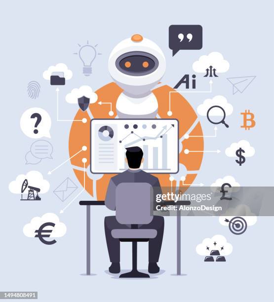 new business concept. technology and finance trends. robot with character analyzing infographic. - robot vector stock illustrations