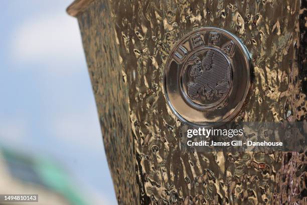 The UEFA logo is seen on a replica of the Europa League trophy prior to the UEFA Europa League 2022/23 final match between Sevilla FC and AS Roma on...