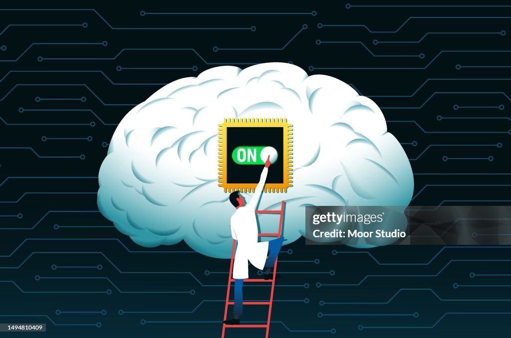 Scientist switching on chip implanted in human brain vector illustration