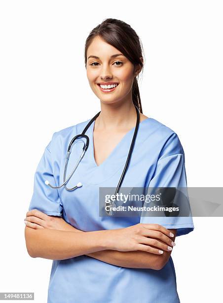 female surgeon standing arms crossed - isolated - brown hair isolated stock pictures, royalty-free photos & images