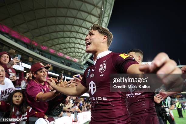 Reece Walsh of the Maroons celebrates victory with fans during game one of the 2023 State of Origin series between the Queensland Maroons and New...