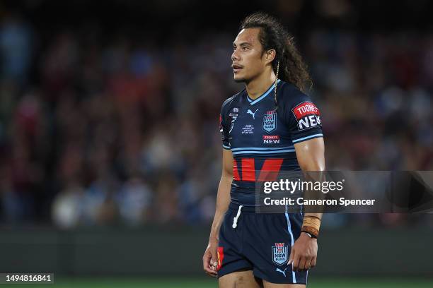 Jarome Luai of the Blues reacts during game one of the 2023 State of Origin series between the Queensland Maroons and New South Wales Blues at...