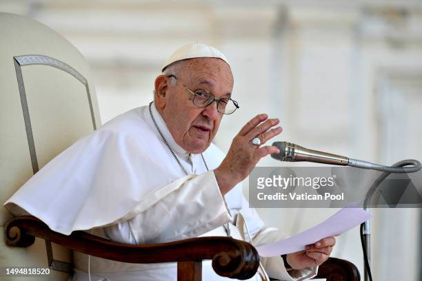 Pope Francis holds his homily during the Wednesday General Audience at St. Peter's Square on May 31, 2023 in Vatican City, Vatican.