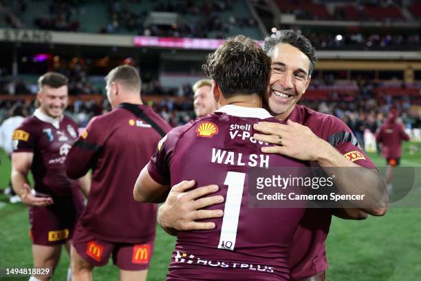 Maroons coach Billy Slater and Reece Walsh of the Maroons celebrate winning game one of the 2023 State of Origin series between the Queensland...
