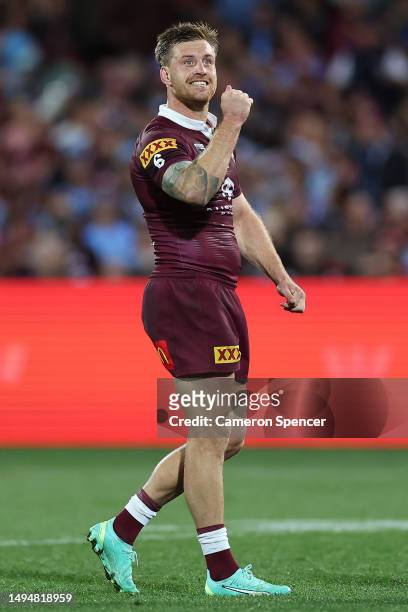 Cameron Munster of the Maroons reacts during game one of the 2023 State of Origin series between the Queensland Maroons and New South Wales Blues at...