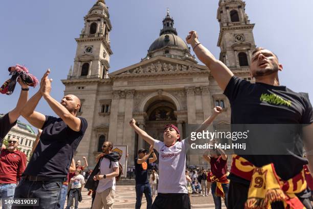Fans of Roma celebrate near the Szent István-bazilika prior to the UEFA Europa League 2022/23 final match between Sevilla FC and AS Roma on May 31,...