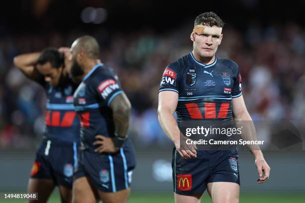 Liam Martin of the Blues reacts during game one of the 2023 State of Origin series between the Queensland Maroons and New South Wales Blues at...