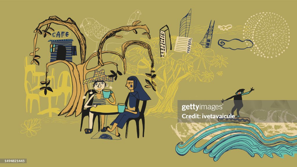 Cafe scene somewhere warm