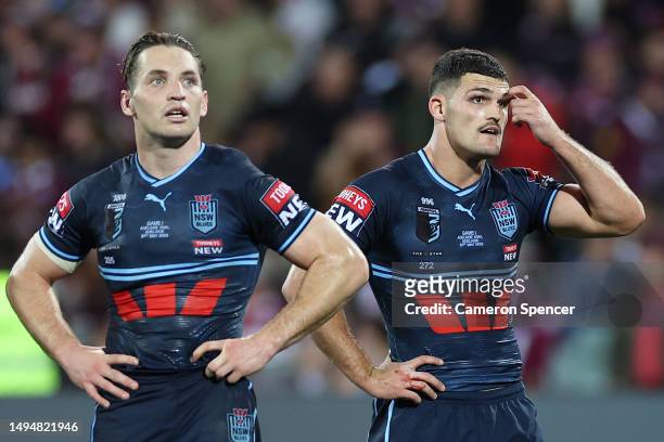 Cameron Murray and Nathan Cleary of the Blues react during game one of the 2023 State of Origin series between the Queensland Maroons and New South...