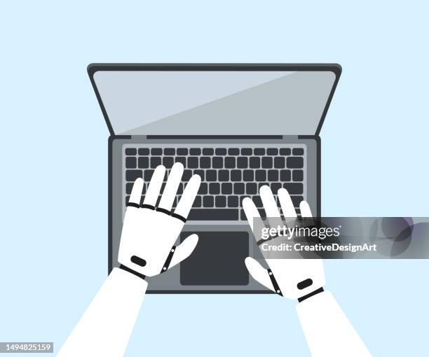 künstliches intelligenzkonzept mit hoher winkelansicht von roboterhänden unter verwendung eines laptops - keypad stock-grafiken, -clipart, -cartoons und -symbole