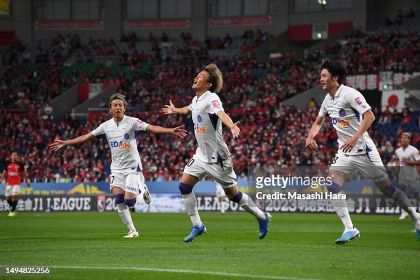 Tsukasa Morishima of Sanfrecce Hiroshima celebrates the first goal during the J.LEAGUE Meiji Yasuda J1 11th Sec. Match between Urawa Red Diamonds and...