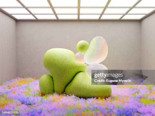 digital generated image of room with organic shape made up of luminous spheres, stones and plants. - bizarre landscape stock pictures, royalty-free photos & images