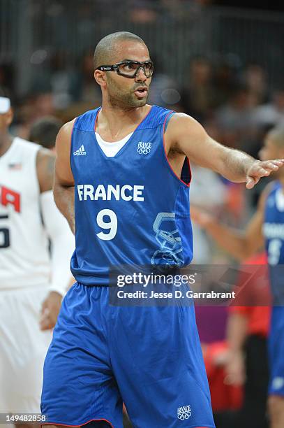 Tony Parker of France calls a play against the USA Mens Senior National team at the Olympic Park Basketball Arena during the London Olympic Games on...