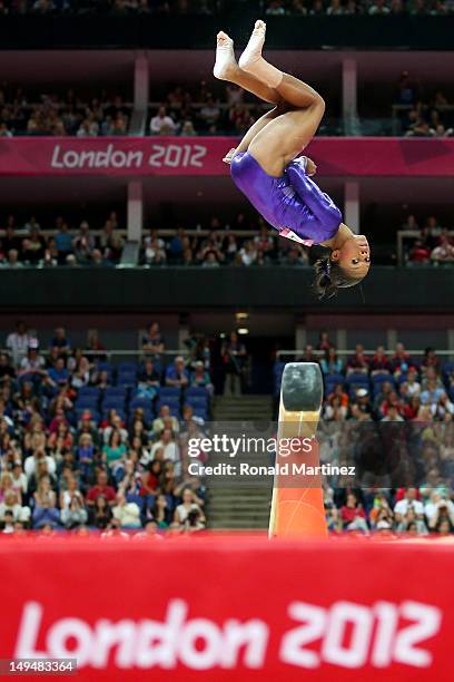 Gabrielle Douglas of the United States competes in the beam in the Artistic Gymnastics Women's Team qualification on Day 2 of the London 2012 Olympic...