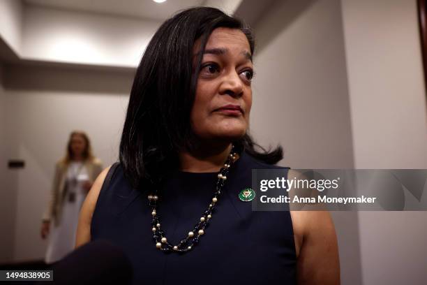 Rep. Pramila Jayapal arrives for a House Democrat caucus meeting at the U.S. Capitol on May 31, 2023 in Washington, DC. The House is expected to vote...