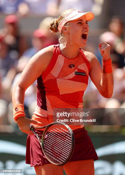 Anna Blinkova celebrates a point against Caroline Garcia of France during the Women's Singles Second Round Match on Day Four of the 2023 French Open...