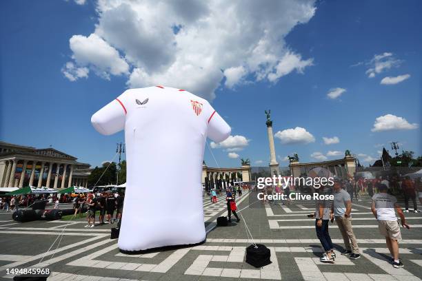 General view of an inflatable Sevilla FC shirt is seen at Heroes' Square prior to the UEFA Europa League 2022/23 final match between Sevilla FC and...