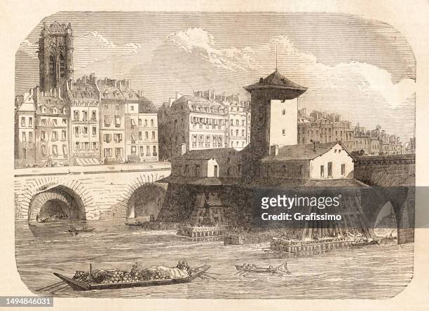 bildbanksillustrationer, clip art samt tecknat material och ikoner med the notre-dame pump at river seine paris 1858 - 1858
