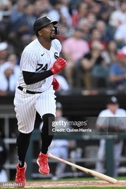 Eloy Jimenez of the Chicago White Sox hits a sacrifice fly in the first inning against the Los Angeles Angels at Guaranteed Rate Field on May 30,...