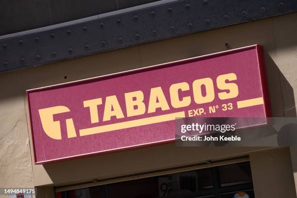 General view of the store sign logo of Tabacos, tobacconist shop on April 18, 2023 in Malaga, Spain.