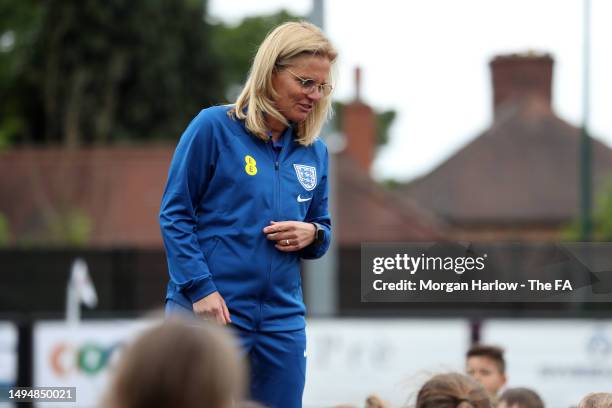 Sarina Wiegman, Manager of England Women interacts with school children during the England Women FIFA Wold Cup Squad Announcement on May 31, 2023 in...