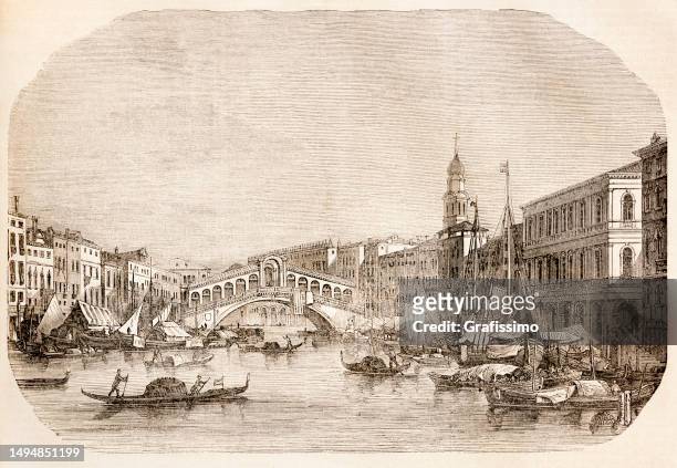 bildbanksillustrationer, clip art samt tecknat material och ikoner med venice rialto bridge with gondolas in the grand canal 1858 - 1858