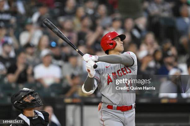 Shohei Ohtani of the Los Angeles Angels hits a home run against the Chicago White Sox at Guaranteed Rate Field on May 30, 2023 in Chicago, Illinois.