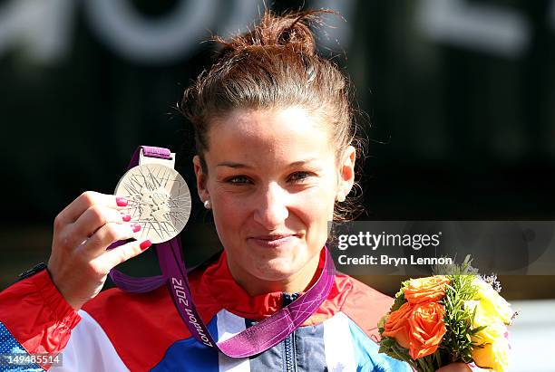 Silver medallist Elizabeth Armitstead of Great Britain celebrates during the Victory Ceremony after the Women's Road Race Road Cycling on day two of...