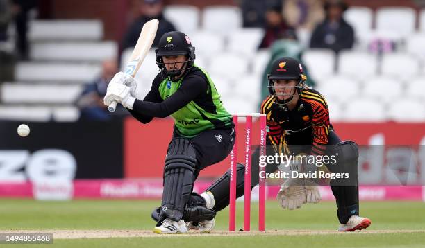 Fran Wilson of Western Storm plays the ball to the boundary during the Charlotte Edwards Cup match between the Sunrisers and Western Storm at The...