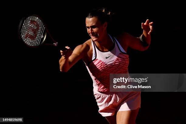 Aryna Sabalenka plays a forehand against Iryna Shymanovich during the Women's Singles Second Round Match on Day Four of the 2023 French Open at...