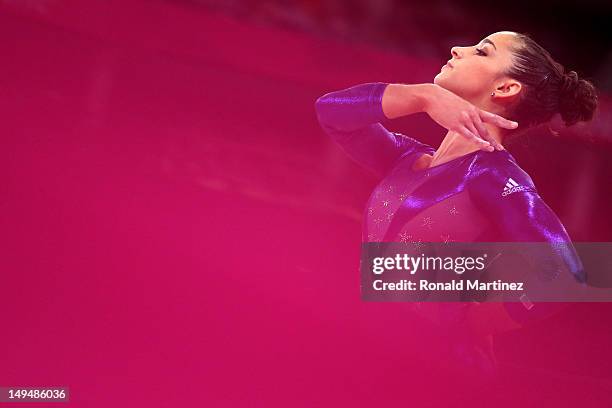 Alexandra Raisman of the United States competes in the floor exercise in the Artistic Gymnastics Women's Team qualification on Day 2 of the London...