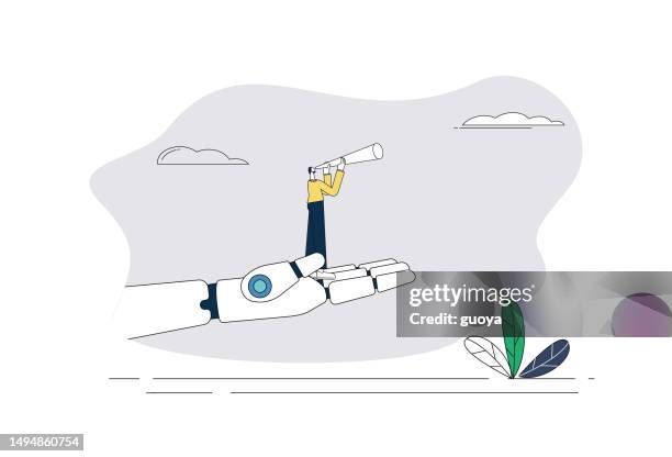 illustrazioni stock, clip art, cartoni animati e icone di tendenza di uomo, palmo robot, binocolo. - digital transformation