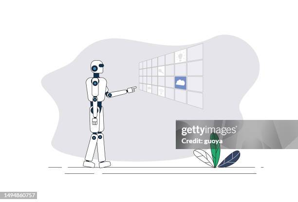 the robot operates the touchscreen. - digital signage display stock illustrations