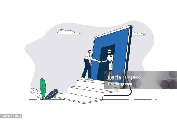 business man shaking hands with robot walking out of computer screen. - robot hand human hand stock illustrations