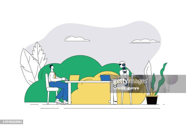 white-collar workers work with robots. - screen replacement stock illustrations