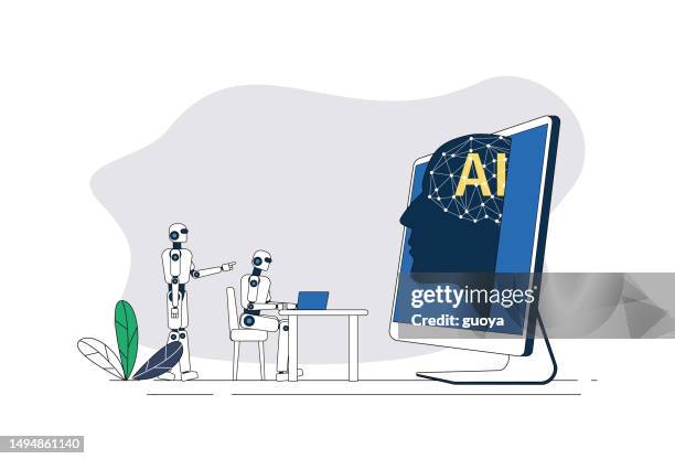 robots and ai discuss work. - android mockup stock illustrations
