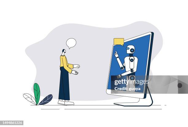 robot talking to man, computer. - chatbot stock illustrations