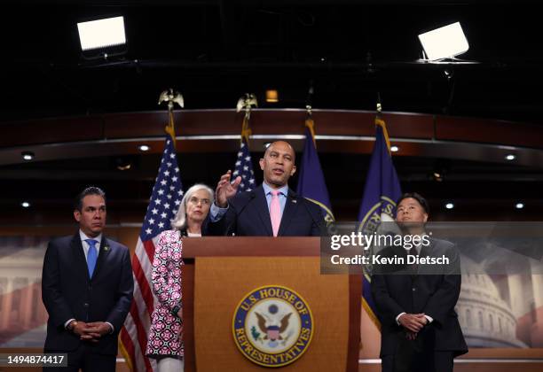 House Minority Leader Hakeem Jeffries speaks on the debt ceiling at the U.S. Capitol on May 31, 2023 in Washington, DC. The House of Representatives...