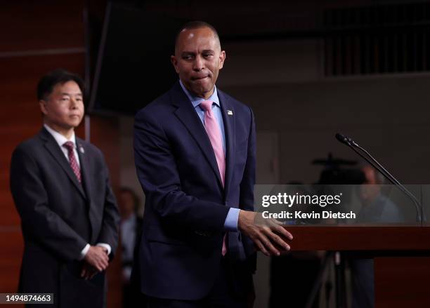 House Minority Leader Hakeem Jeffries leaves after speaking on the debt ceiling at the U.S. Capitol on May 31, 2023 in Washington, DC. The House of...