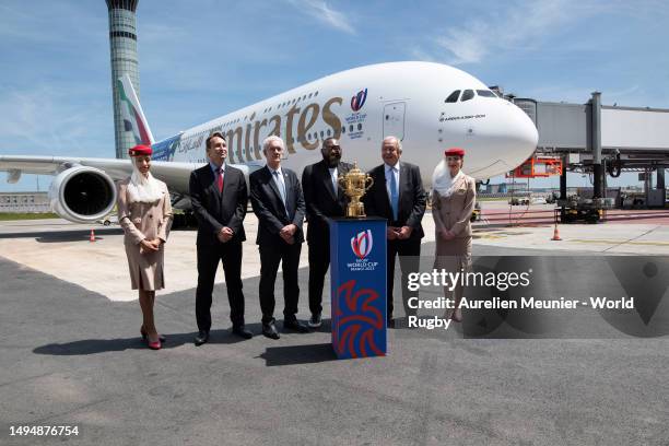 Cedric Renard, Jacques Rivoal, Tendai Mtawarira and Sir Bill Beaumont pose as the Webb Ellis Cup arrives in France ahead of Rugby World Cup France...