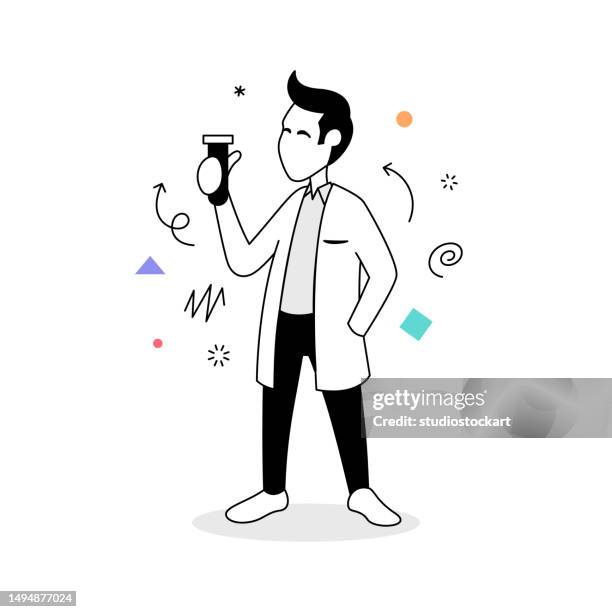 wissenschaftler hält reagenzglas - portrait zwei männer wissenschaft stock-grafiken, -clipart, -cartoons und -symbole