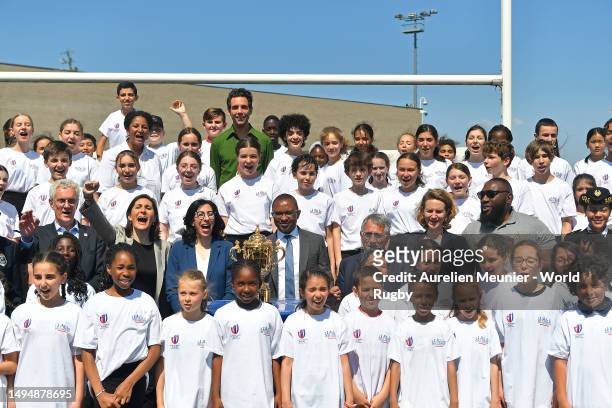 Mika, Tendai Mtawarira, Sir Bill Beaumont, Amelie Oudea-Castera, France’s Minister of Sports, Olympic and Paralympic Games, Jacques Rivoal, Pap...