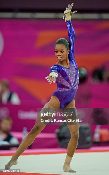 Gabrielle Douglas of the United States performed during floor exercises in the women's team gymnastics preliminary competition at North Greenwich...