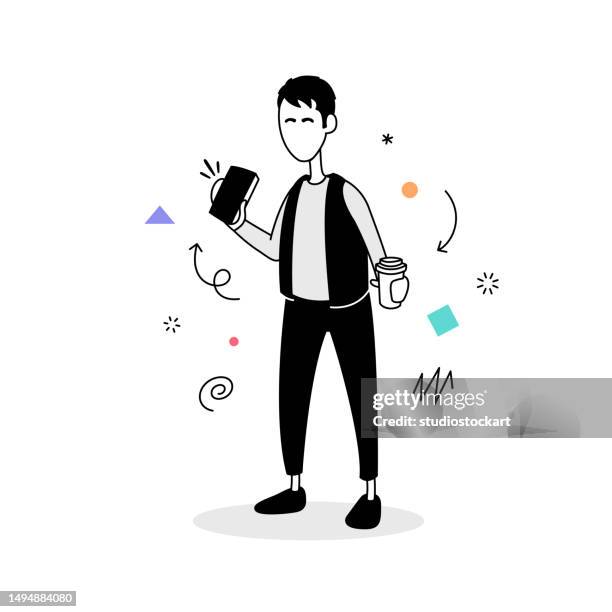 young stylish man holding a mobile phone with take away coffee - hand serving coffee stock illustrations