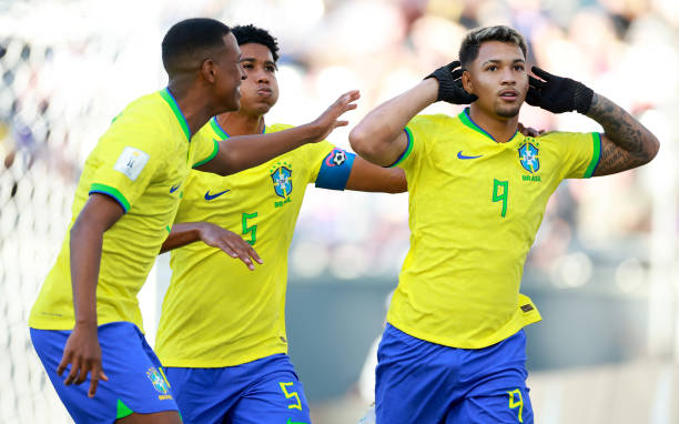 Marcos Leonardo of Brazil celebrates with Andrey Santos of Brazil after scoring the team's first goal during the FIFA U-20 World Cup Argentina 2023...
