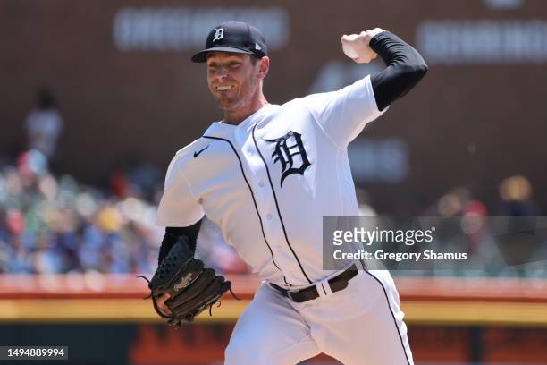 Joey Wentz of the Detroit Tigers throws a first inning pitch while playing the Texas Rangers at Comerica Park on May 31, 2023 in Detroit, Michigan.