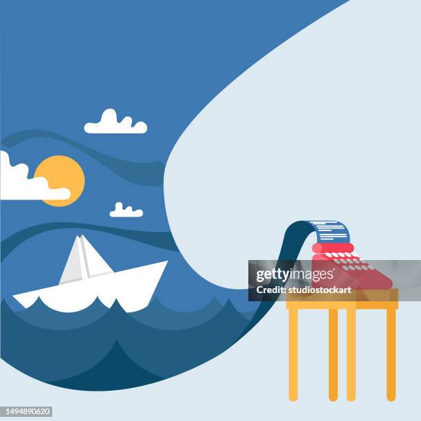 typewriter and paper boat floating in the sea - vintage office illustration stock illustrations